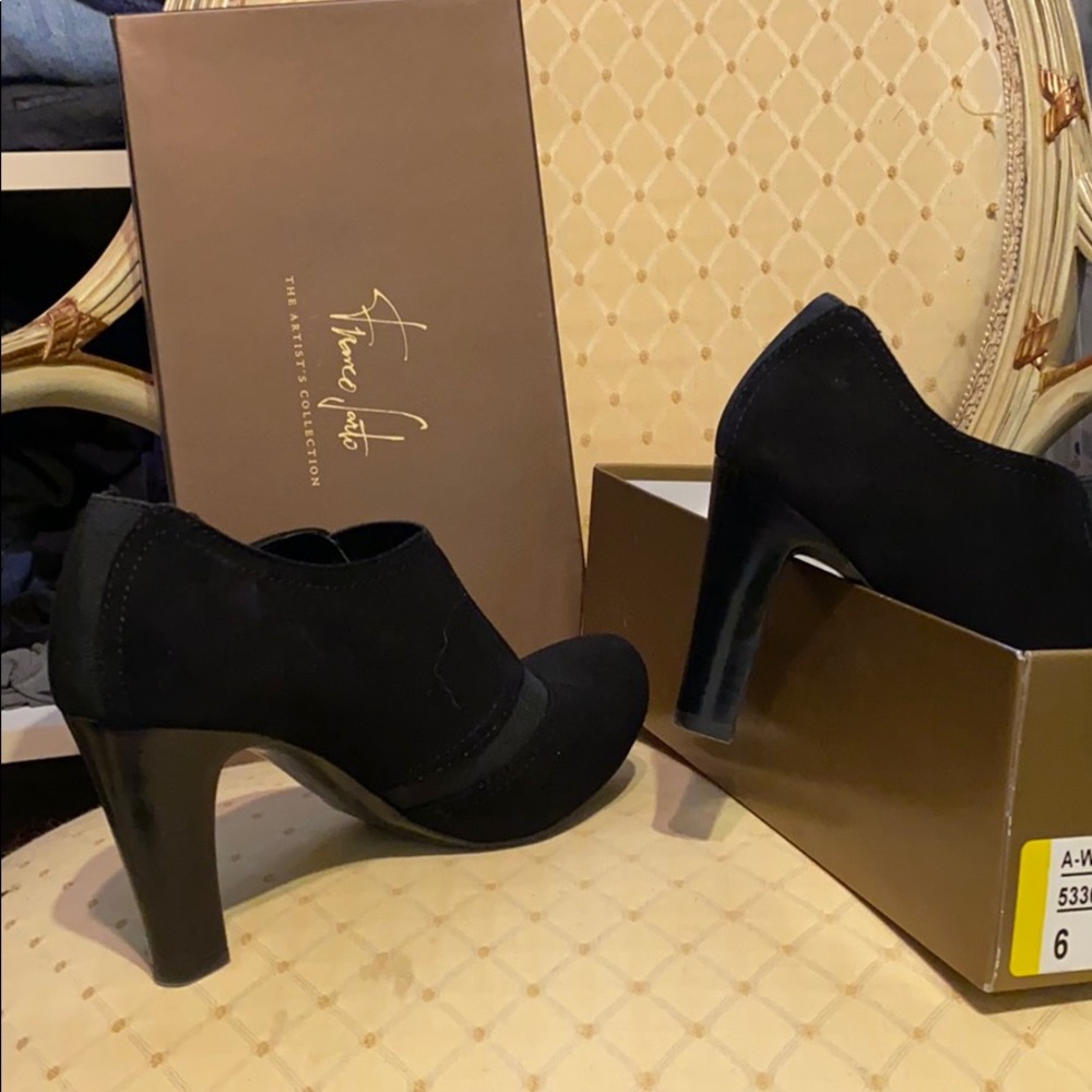 Franco Sarto Black Suede Heeled Ankle Boots